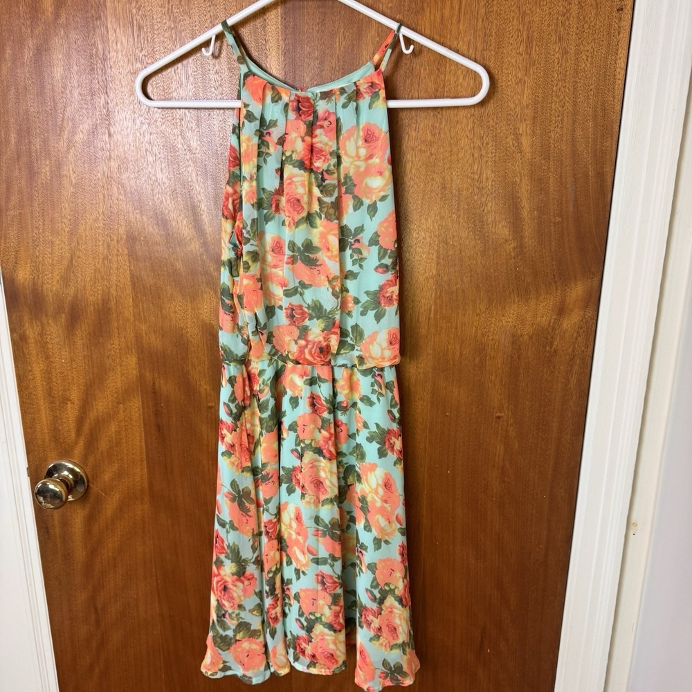 Lush Coral Floral Light Blue Turquoise Halter Sleeveless Mini Dress NWOT Small
